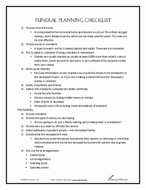 Funeral Planning Checklist Template New Funeral Planning Checklist