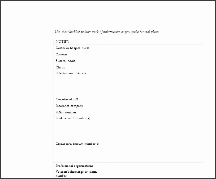 Funeral Planning Checklist Template Unique 11 Easy to Edit Funeral Planning Checklist Template
