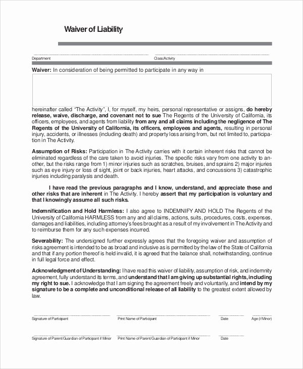 General Liability Waiver form Template Beautiful Sample Waiver Of Liability 8 Examples In Pdf Word