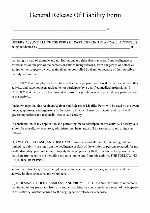 General Liability Waiver form Template Luxury Free Release Of Liability form Template