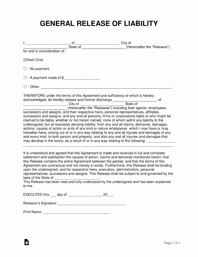 General Liability Waiver form Template New Release Liability form Car Accident 1 Release for Car