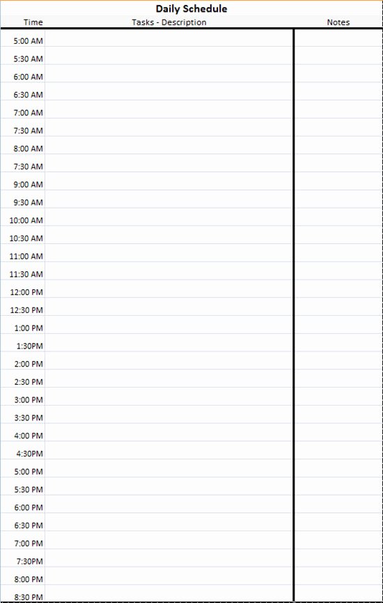 Half Hour Schedule Template Fresh Daily Schedule Template Microsoft Excel