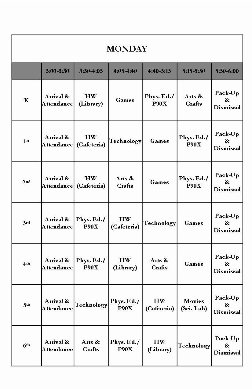 High School Schedule Template Elegant after School Program Ace Franklin Square Union Free