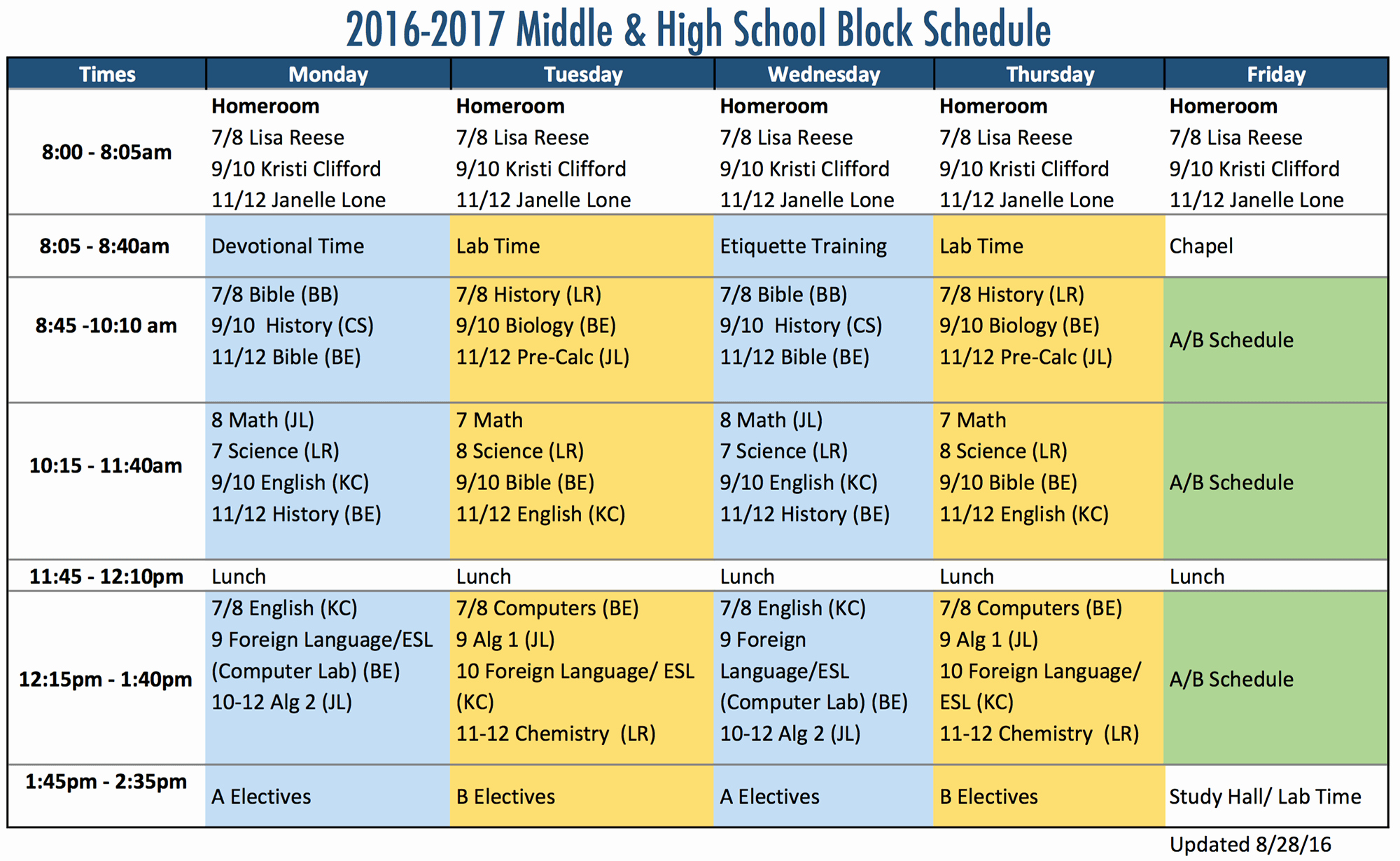 High School Schedule Template Unique Block Schedule for Middle &amp; High School – Faith Christian