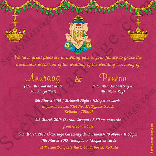 Hindu Wedding Invitation Template Luxury Pink theme Ganesha Style with Floral Decorated Traditional