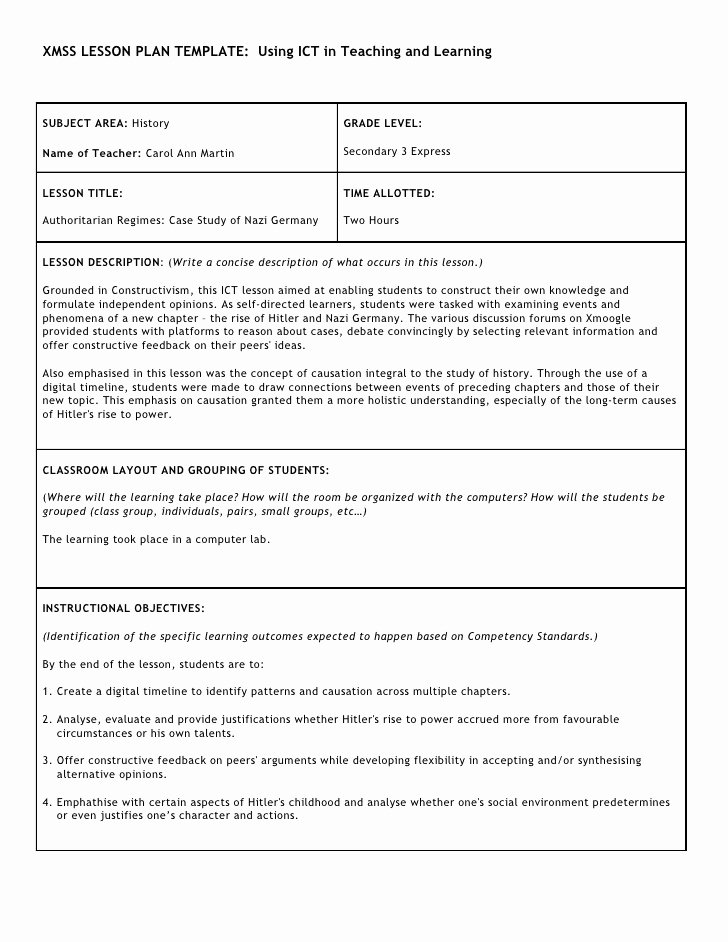 History Lesson Plan Template Awesome Xmss Ict Lesson Template Carol Ann Martin