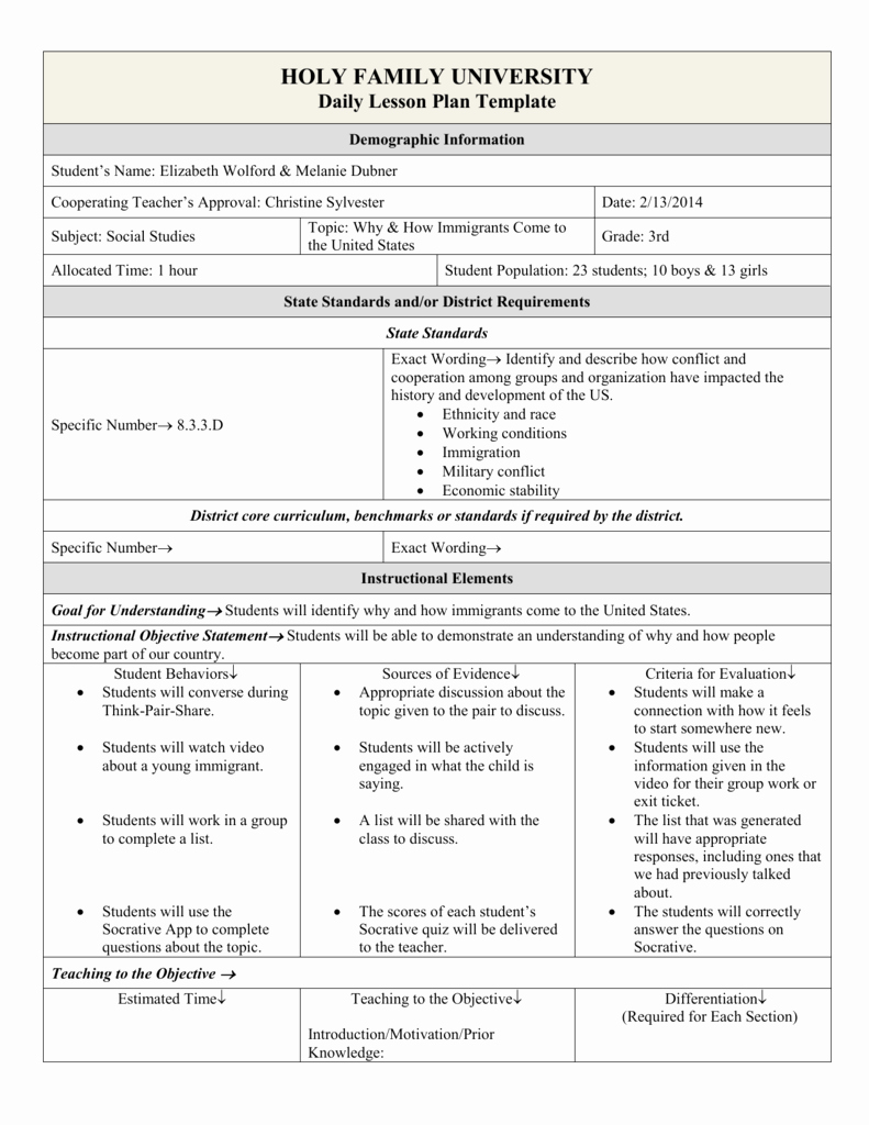 History Lesson Plan Template Fresh Holy Family University Daily Lesson Plan Template