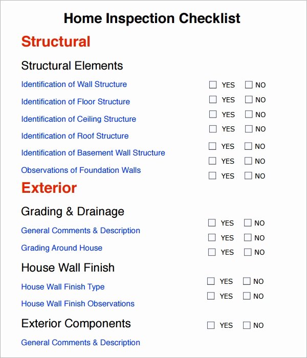 Home Inspection form Template Lovely Free 10 Sample Home Inspection Checklist Templates In