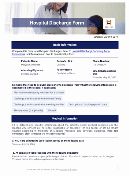 Hospital Discharge form Template New 260 Free Medical forms &amp; Templates