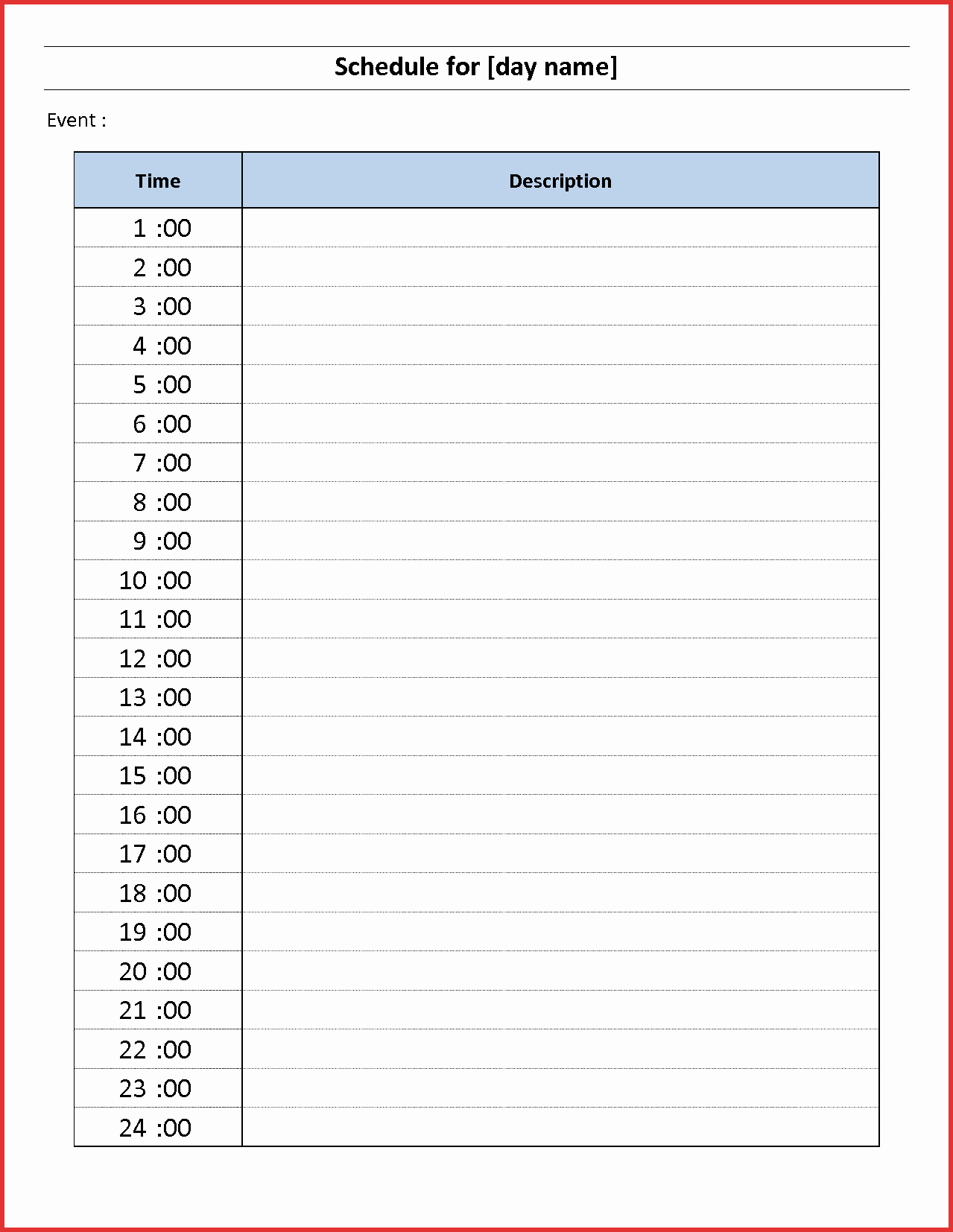 Hour by Hour Schedule Template Best Of 24 Hour Daily Calendar Template