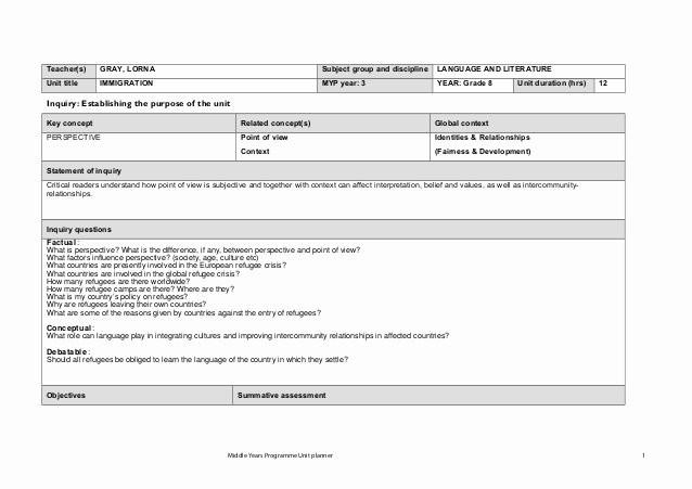 Ib Lesson Plan Template Best Of Myp Language &amp; Literature Unit Plan &quot;immigration&quot;