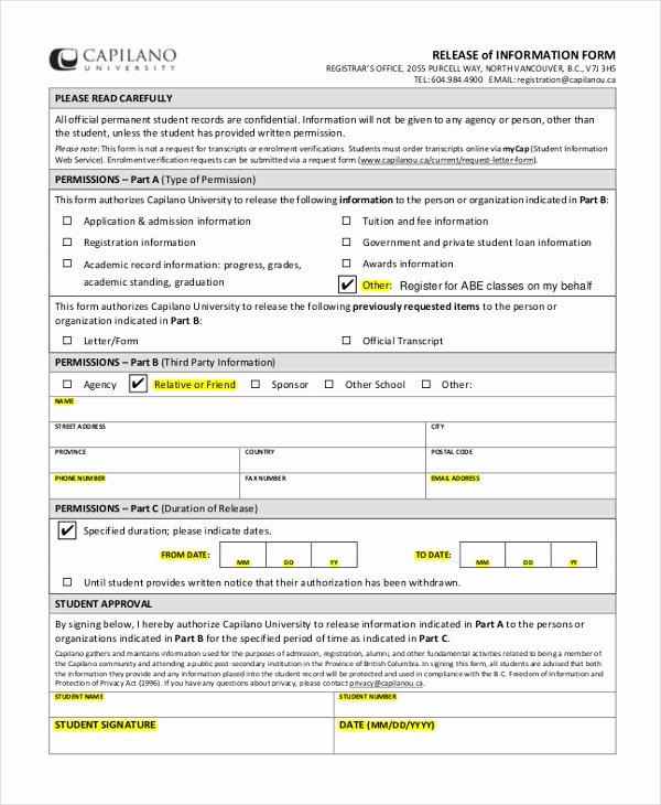 Information Release form Template Beautiful Free 12 Sample Release Of Information forms