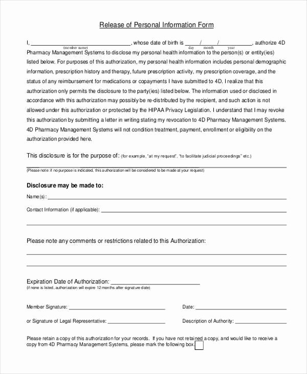 Information Release form Template Elegant Free 8 Sample Personal Information forms