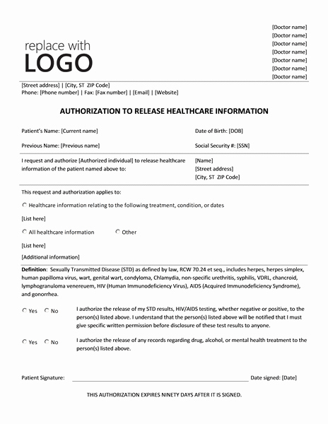 Information Release form Template Lovely Authorization to Release Healthcare Information form