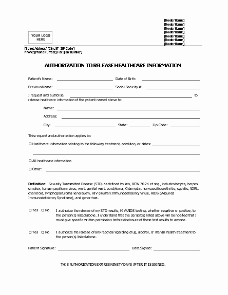 Information Release form Template Lovely Authorization to Release Healthcare Information form