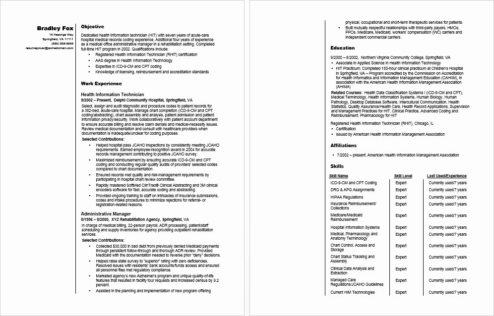 Information Technology Resume Template New Health Information Technician Sample Resume