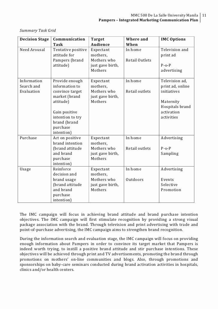 Integrated Marketing Plan Template Beautiful Pampers Imc Plan