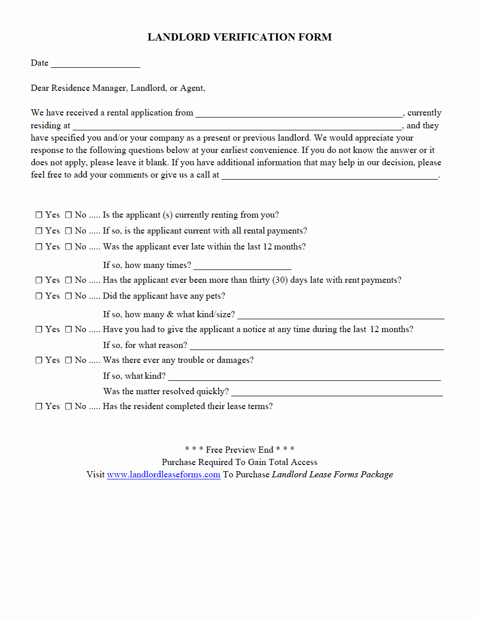 Landlord Verification form Template New Landlord Lease forms Residential Lease Agreements