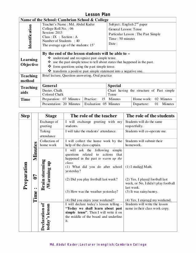 Lesson Plan Template College Beautiful Sample Lesson Plan On Past Simple Tense