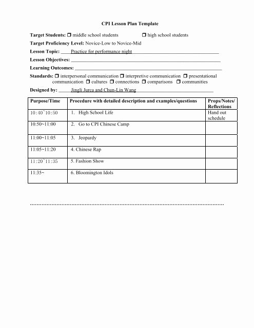 Lesson Plan Template College Unique Cpi Lesson Plan Template Tar Students Middle School