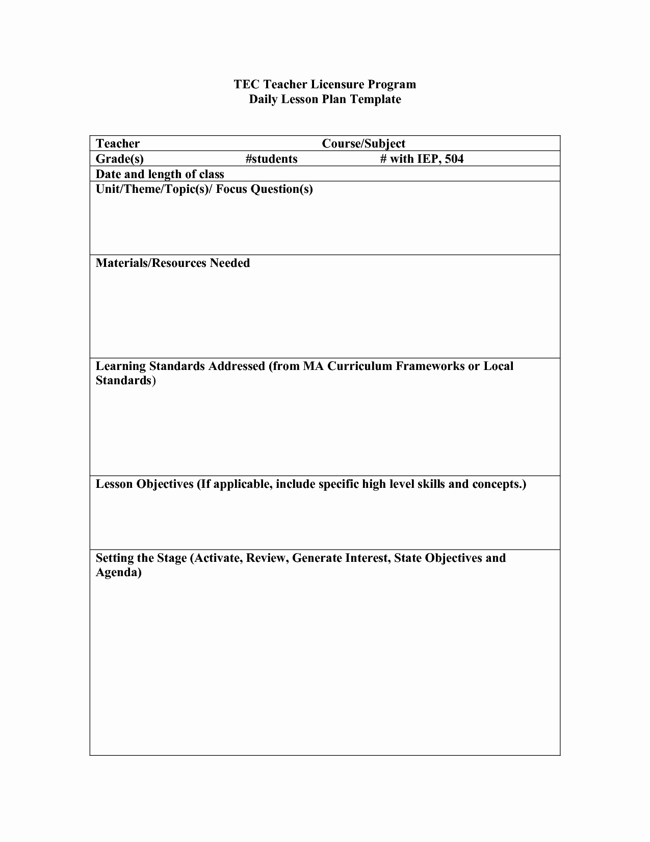 Lesson Plan Template Daily Beautiful Daily Lesson Plan Template