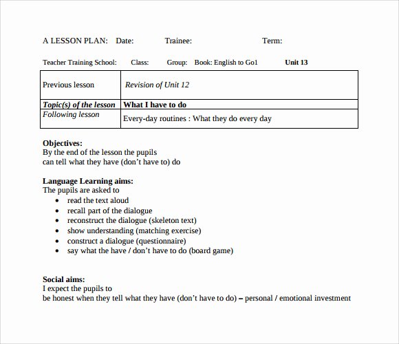 Lesson Plans Template Elementary Unique Sample Elementary Lesson Plan Template 8 Free Documents