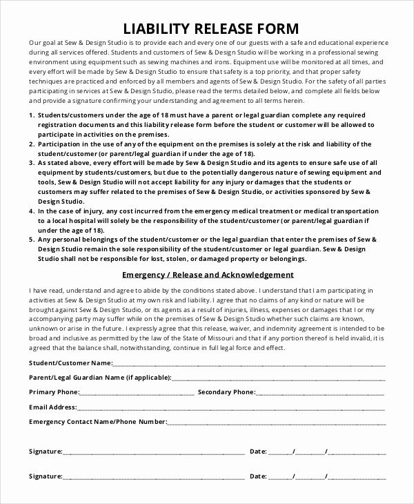 Liability form Template Free Beautiful Sample Liability Release form 8 Examples In Pdf Word