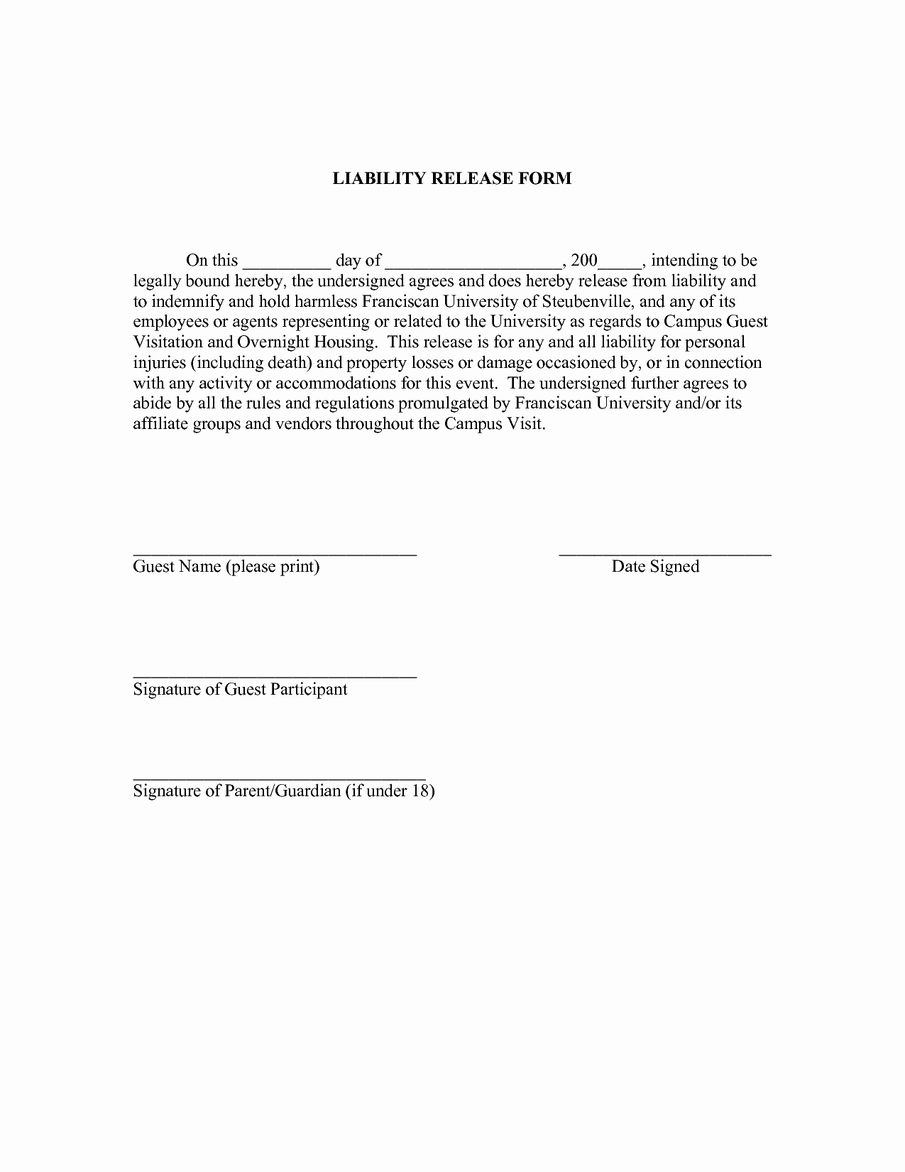 Liability form Template Free Elegant Free Printable Liability form form Generic