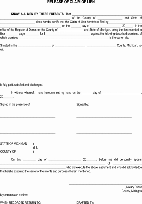 Lien Waiver form Template Awesome Download Michigan Lien Release form for Free formtemplate