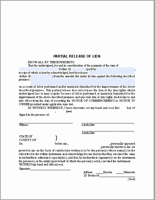 Lien Waiver form Template Awesome Partial Release Of Lien Certificate Template