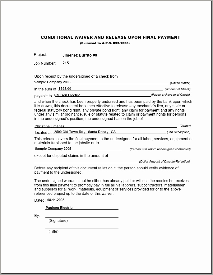 Lien Waiver form Template Beautiful 04 03 03 21 Lien Waiver Cf Report form Conditional Final