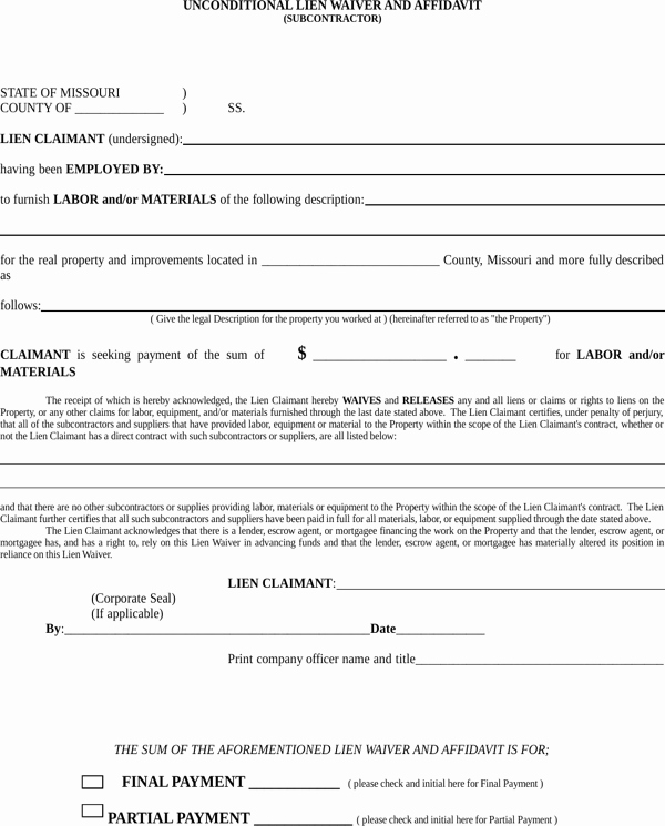 Lien Waiver form Template Beautiful Download Missouri Unconditional Lien Waiver for Free
