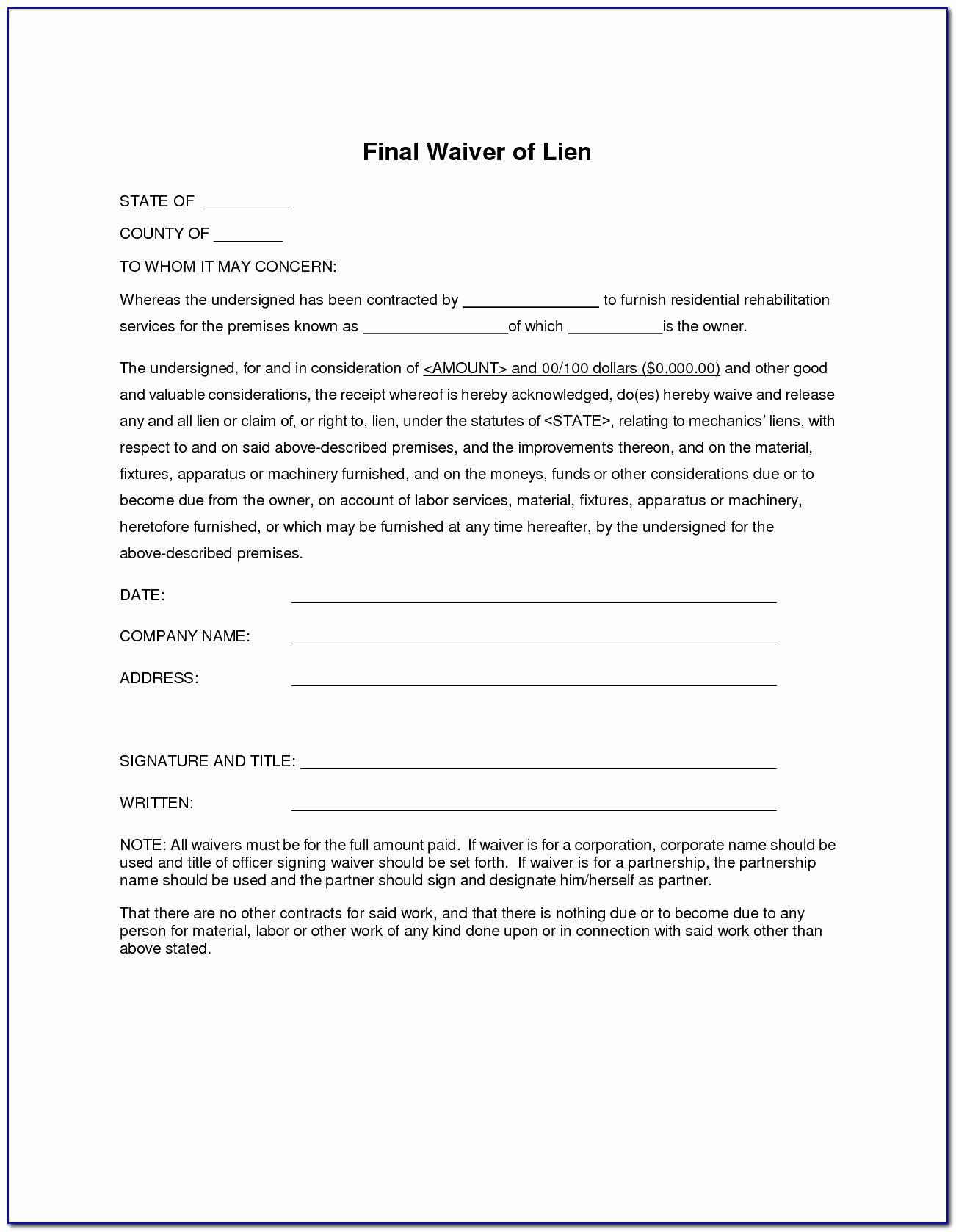 Lien Waiver form Template Beautiful Final Waiver and Release Lien form