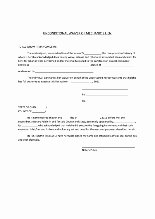 Lien Waiver form Template Beautiful Unconditional Waiver Mechanics Lien form Printable Pdf