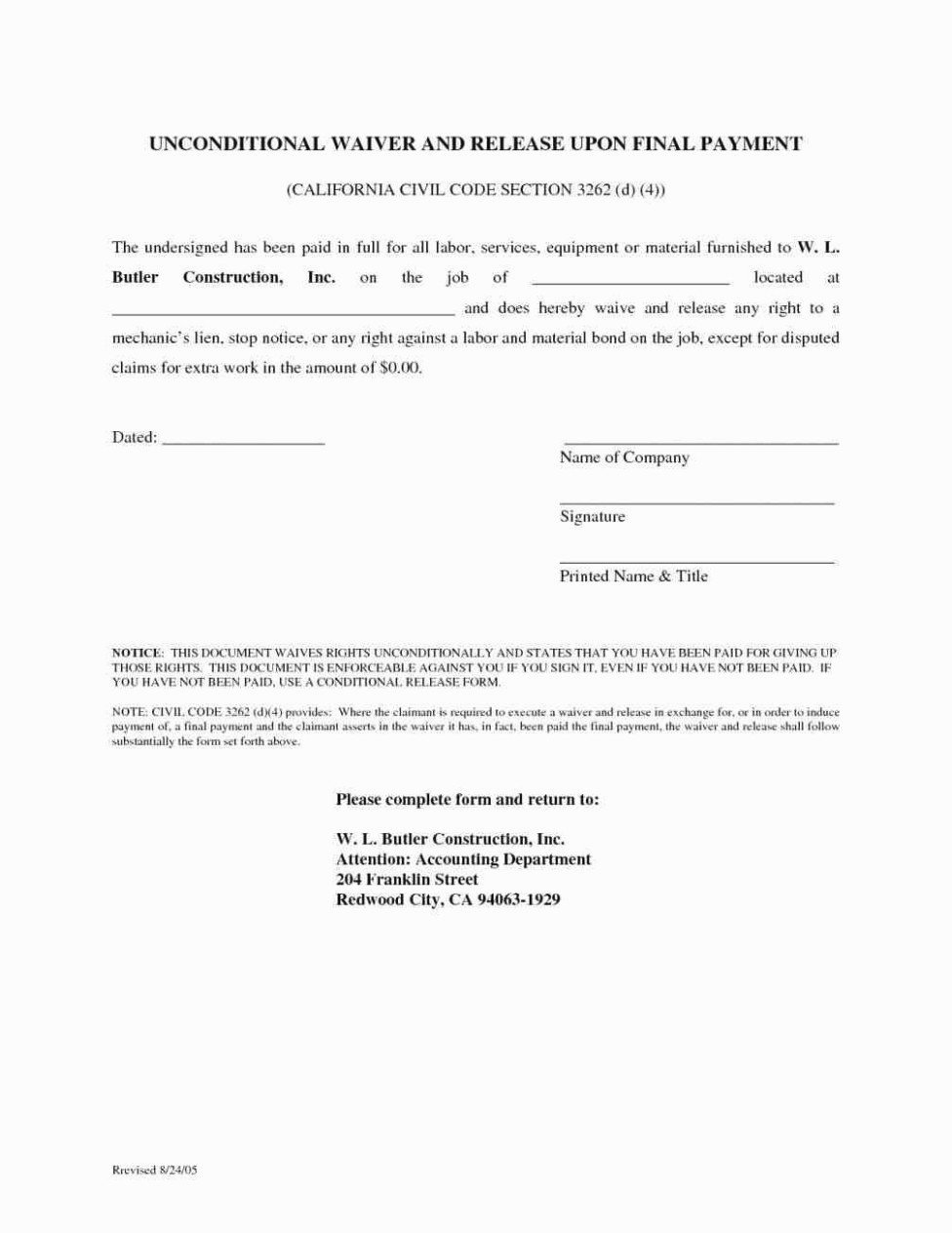 Lien Waiver form Template Fresh Conditional Release form Release for Conditional Release