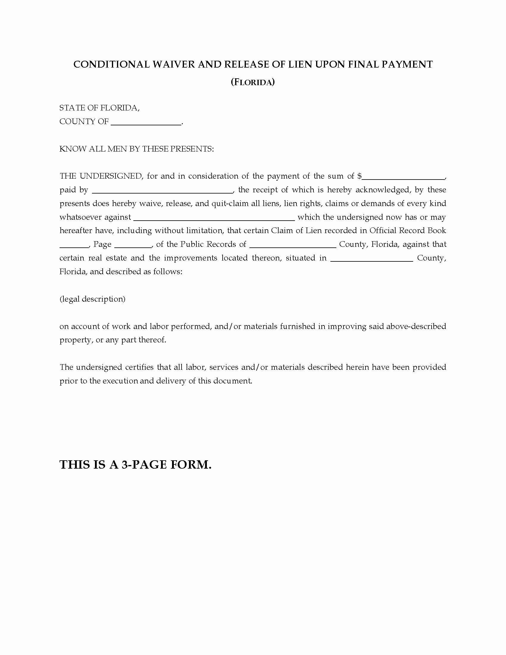 Lien Waiver form Template Lovely Florida Conditional Waiver and Release Of Lien Final