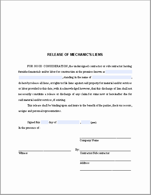 Lien Waiver form Template Lovely Release Of Mechanic’s Liens Certificate Template Free