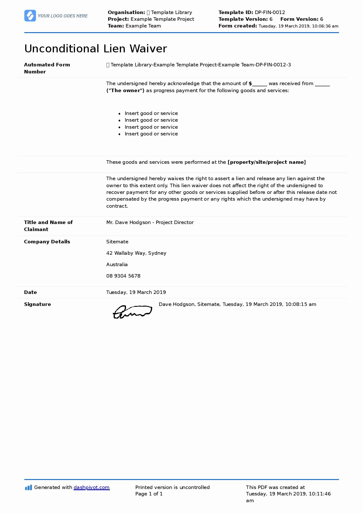 Lien Waiver form Template Lovely Unconditional Lien Waiver Template for Any Unconditional