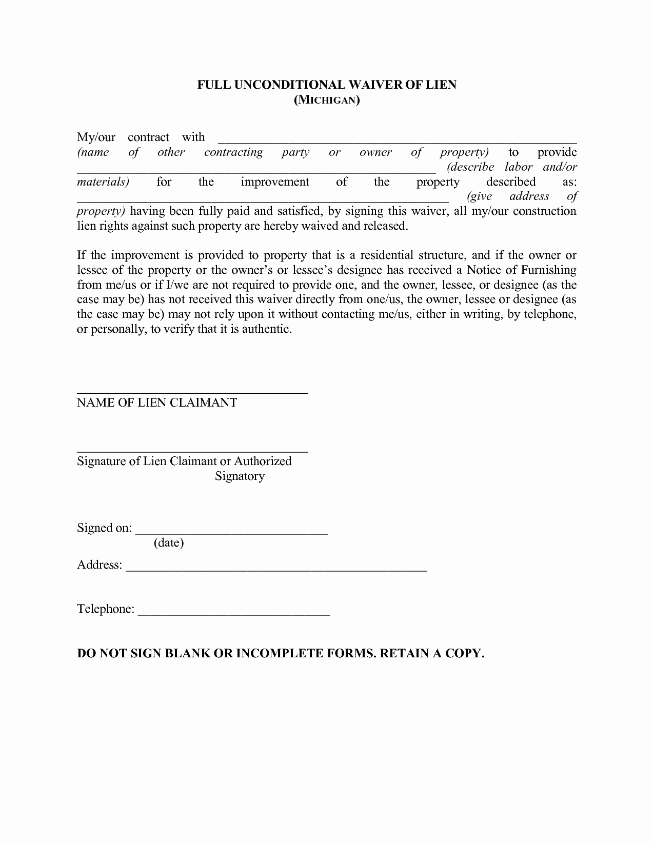 Lien Waiver form Template New 28 Of Waiver Template