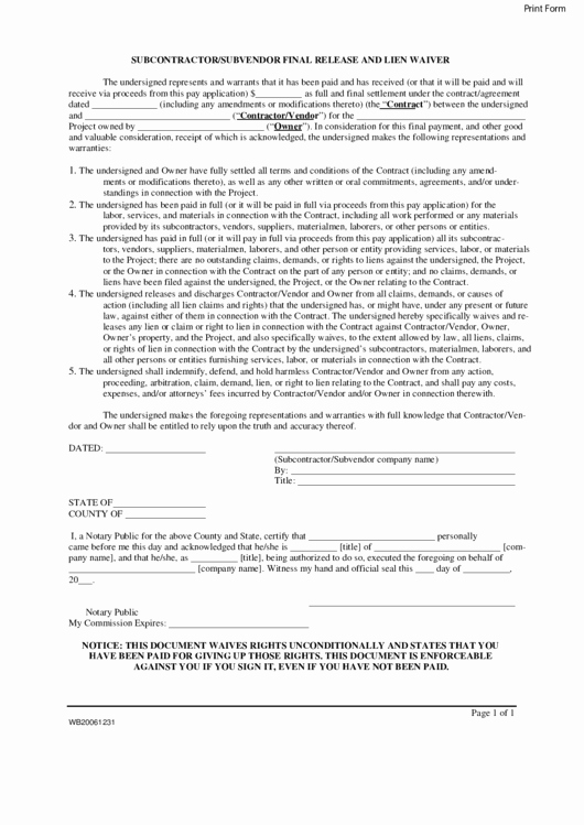 subcontractor subvendor final release and lien waiver form