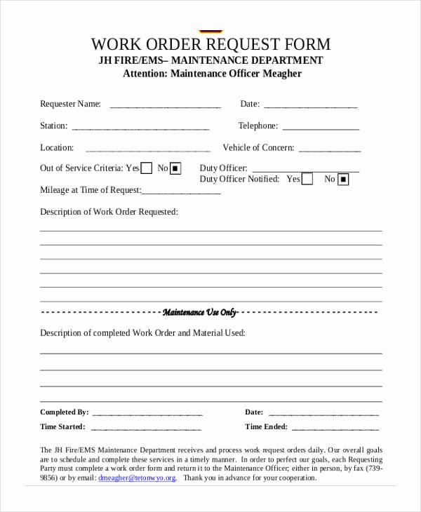 Maintenance Service Request form Template Fresh Free 5 Sample Maintenance Work order forms In Pdf