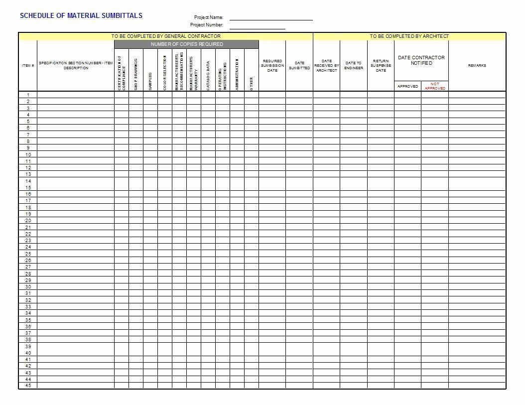 Material Submittal form Template Lovely Submittal Log