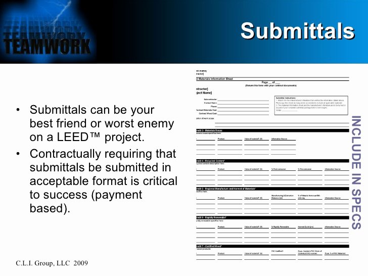 Material Submittal form Template New Leed™ at the Jobsite