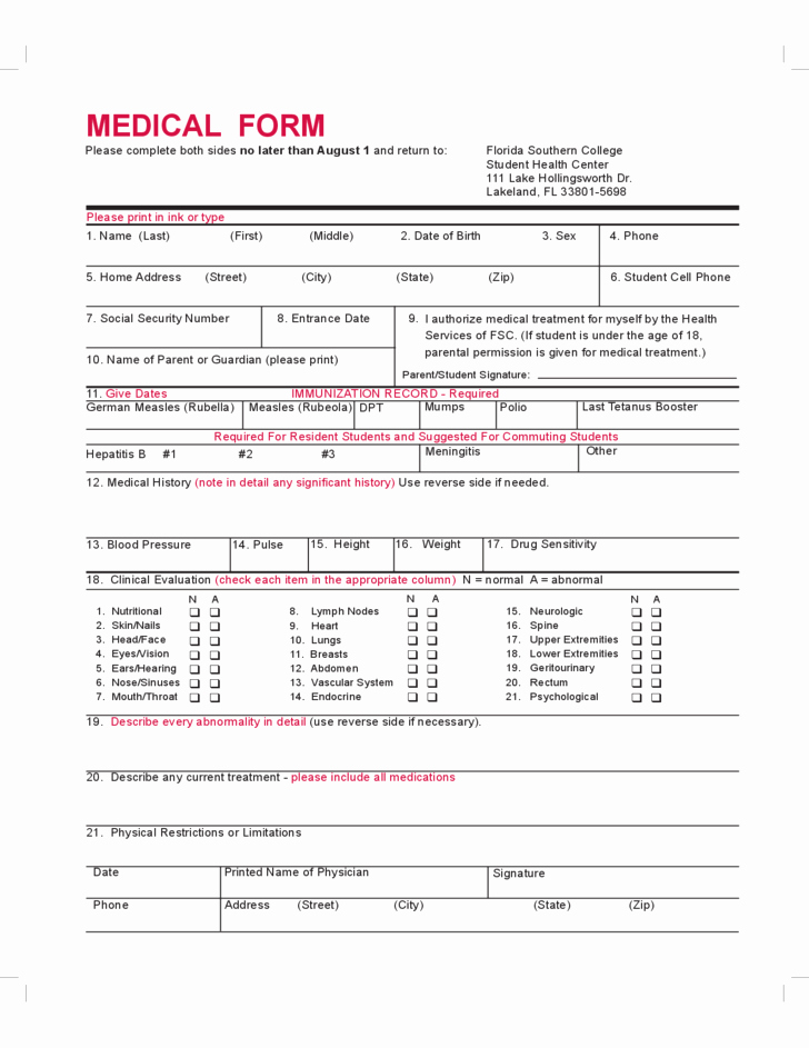 Medical History form Template Pdf Beautiful Student Medical form Florida Free Download