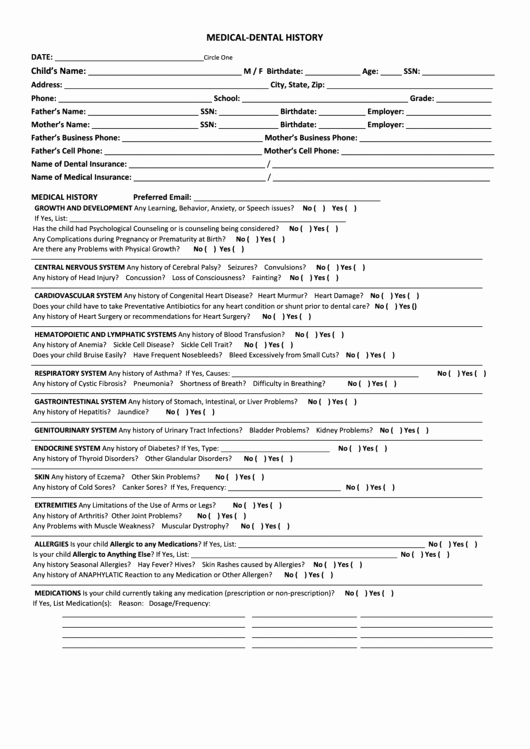 Medical History form Template Pdf Inspirational Patient Medical and Dental History form Printable Pdf