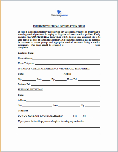 Medical Information form Template Lovely Emergency Medical Information form