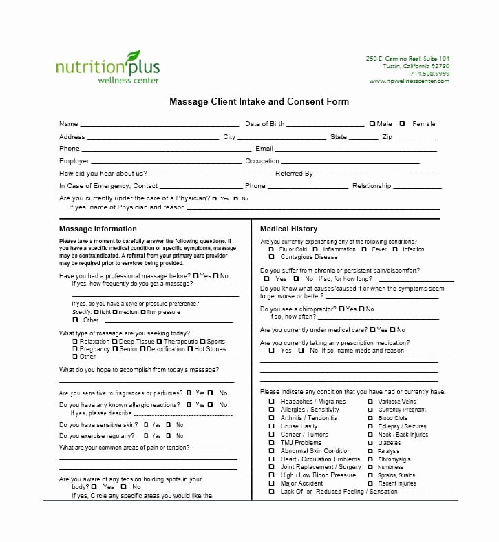 Medical Intake form Template Awesome 59 Best Massage Intake forms for Any Client Printable