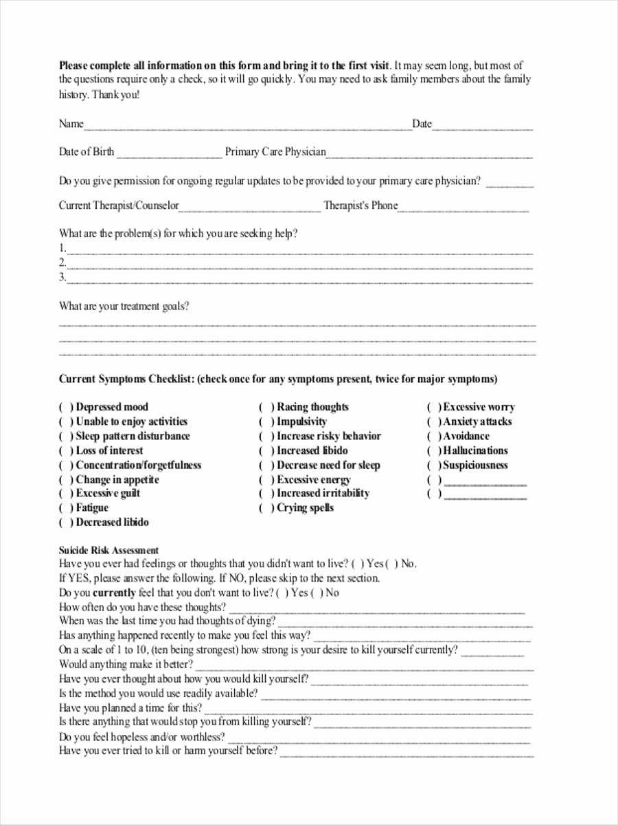 Medical Intake form Template Inspirational Free 7 Mental Health assessment forms In Samples