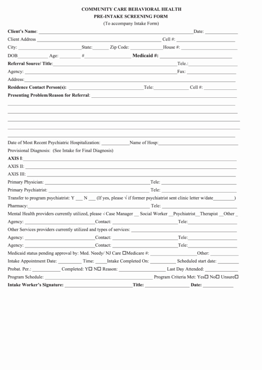 Medical Intake form Template Lovely Munity Care Behavioral Health Pre Intake form Printable