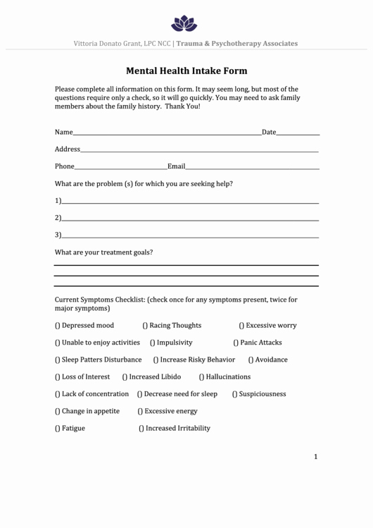 Medical Intake form Template Unique Mental Health Intake form Printable Pdf